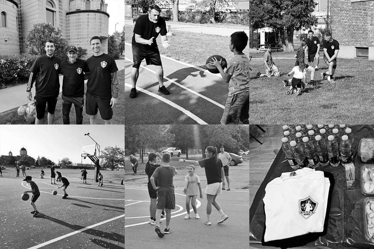 Avala Sports coaches in team shirts training kids in football and basketball