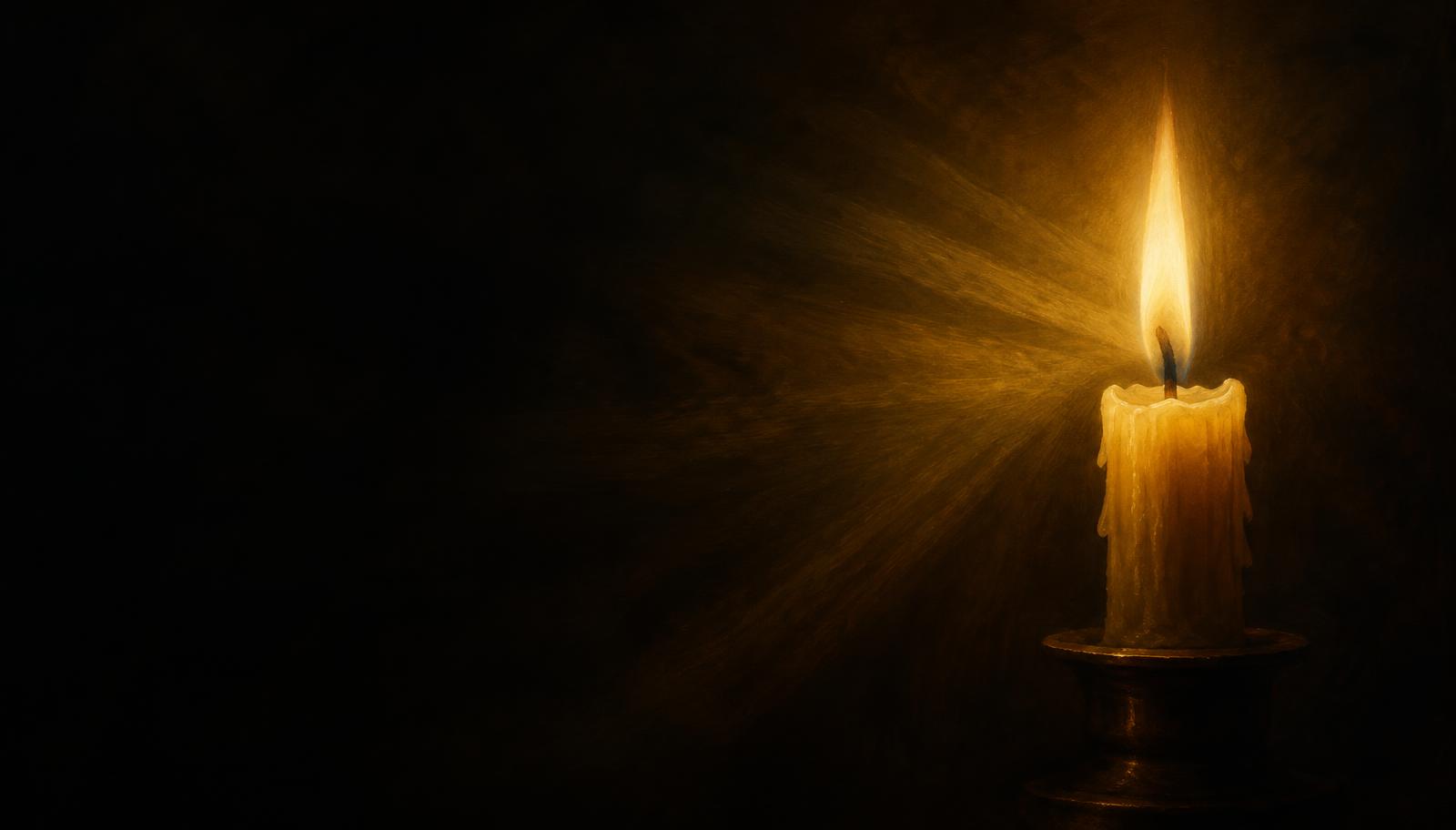 A single candle glowing in the dark